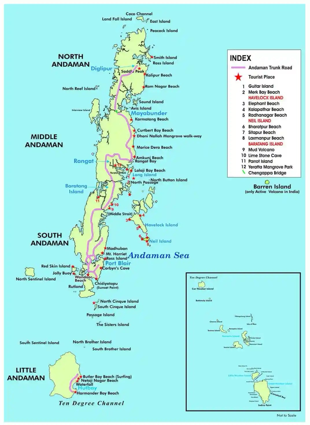 Map of the Andaman & Nicobar Islands showing Port Blair, the Andaman Trunk Road and key destinations we serve